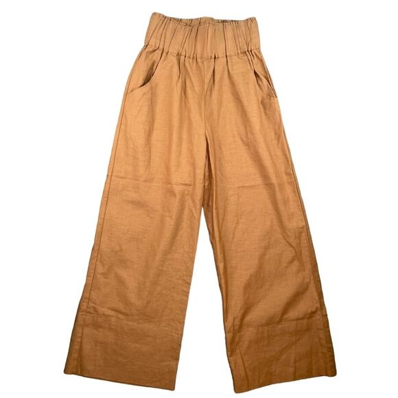 Kourt Wide Leg Pants XS Cotton Linen Cropped Brown Mustard - Picture 1 of 5